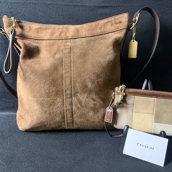 Coach Handbags - Coach Brown Suede Crossbody Bag with Wristlet